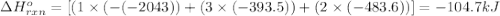 \Delta H^o_{rxn}=[(1\times (-(-2043))+(3\times (-393.5))+(2\times (-483.6))]=-104.7kJ