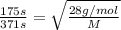 \frac{175 s}{371 s}=\sqrt{\frac{28 g/mol}{M}}