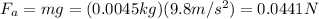 F_a = mg=(0.0045 kg)(9.8 m/s^2)=0.0441 N