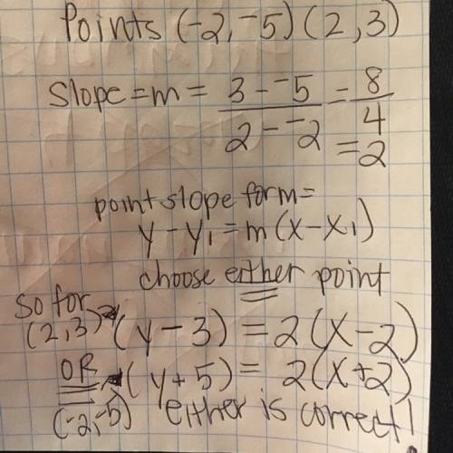 Find the equation using point-slope form (-2,-5) and (2,3)