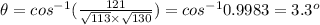 \theta =cos^{-1}( \frac{121}{ \sqrt{113}  \times  \sqrt{130} } )=cos^{-1}0.9983=3.3^o