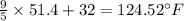 \frac{9}{5}\times 51.4+32=124.52^{\circ}F
