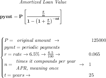 \bf \qquad \qquad \textit{Amortized Loan Value}&#10;\\\\&#10;pymt=P\left[ \cfrac{\frac{r}{n}}{1-\left( 1+ \frac{r}{n}\right)^{-nt}} \right]&#10;\\\\\\\\&#10;\qquad &#10;\begin{cases}&#10;P=&#10;\begin{array}{llll}&#10;\textit{original amount}\\&#10;\end{array}\to &&#10;\begin{array}{llll}&#10;125000&#10;\end{array}\\&#10;pymt=\textit{periodic payments}\\&#10;r=rate\to 6.5\%\to \frac{6.5}{100}\to &0.065\\&#10;n=&#10;\begin{array}{llll}&#10;\textit{times it compounds per year}\\&#10;\textit{APR, meaning once}&#10;\end{array}\to &1\\&#10;&#10;t=years\to &25&#10;\end{cases}