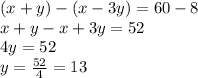(x+y)-(x-3y)=60-8\\x+y-x+3y=52\\4y=52\\y = \frac{52}{4}=13