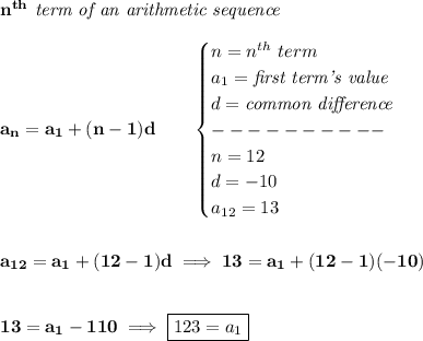 \bf n^{th}\textit{ term of an arithmetic sequence}\\\\&#10;a_n=a_1+(n-1)d\qquad &#10;\begin{cases}&#10;n=n^{th}\ term\\&#10;a_1=\textit{first term's value}\\&#10;d=\textit{common difference}\\&#10;----------\\&#10;n=12\\&#10;d=-10\\&#10;a_{12}=13&#10;\end{cases}&#10;\\\\\\&#10;a_{12}=a_1+(12-1)d\implies 13=a_1+(12-1)(-10)&#10;\\\\\\&#10;13=a_1-110\implies \boxed{123=a_1}