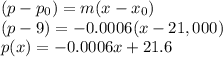 (p-p_0)=m(x-x_0)\\(p-9)=-0.0006(x-21,000)\\p(x)=-0.0006x +21.6