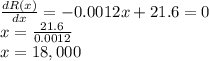 \frac{dR(x)}{dx} = -0.0012x +21.6 = 0\\x=\frac{21.6}{0.0012}\\x= 18,000