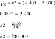 \frac{8}{100}*x2=(4,400-2,000)\\\\0.08x2= 2,400\\\\x2=\frac{2,400}{0.08}\\\\x2=\$30,000