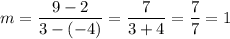 m=\dfrac{9-2}{3-(-4)}=\dfrac{7}{3+4}=\dfrac{7}{7}=1