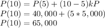 P(10) = P(5) +(10-5) kP\\P(10) = 40,000 +(5*5,000)\\P(10) = 65,000