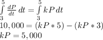 \int\limits^5_3 {\frac{dP}{dt} } \, dt =\int\limits^5_3 {kP} \, dt\\10,000 = (kP*5) - (kP*3)\\kP= 5,000