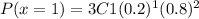 P(x=1)=3C1 (0.2)^1(0.8)^{2}