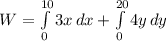 W = \int\limits^{10}_0 {3x} \, dx +\int\limits^{20}_0 {4y} \, dy