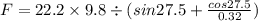 F=22.2\times 9.8\div (sin 27.5+\frac{cos27.5}{0.32})