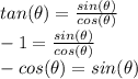 tan(\theta)=\frac{sin(\theta)}{cos(\theta)}\\-1=\frac{sin(\theta)}{cos(\theta)}\\-cos(\theta)=sin(\theta)