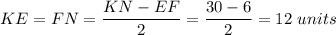 KE=FN=\dfrac{KN-EF}{2}=\dfrac{30-6}{2}=12\ units