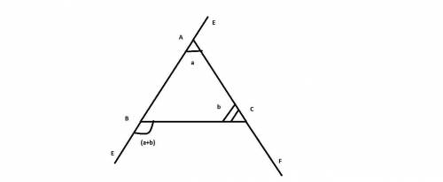 Triangle a b c is shown with its exterior angles. line b a extends through point d. line a b extends