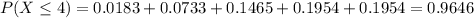 P(X\leq 4)=0.0183+0.0733+ 0.1465+0.1954+0.1954=0.9646