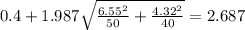 0.4+1.987\sqrt{\frac{6.55^2}{50}+\frac{4.32^2}{40}}=2.687