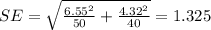 SE=\sqrt{\frac{6.55^2}{50}+\frac{4.32^2}{40}}=1.325