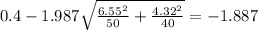 0.4-1.987\sqrt{\frac{6.55^2}{50}+\frac{4.32^2}{40}}=-1.887