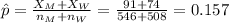 \hat p=\frac{X_{M}+X_{W}}{n_{M}+n_{W}}=\frac{91+74}{546+508}=0.157