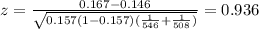 z=\frac{0.167-0.146}{\sqrt{0.157(1-0.157)(\frac{1}{546}+\frac{1}{508})}}=0.936