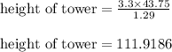 \begin{array}{l}{\text {height of tower}=\frac{3.3 \times 43.75}{1.29}} \\\\ {\text {height of tower}=111.9186}\end{array}