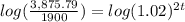 log(\frac{3,875.79}{1900})=log(1.02)^{2t}