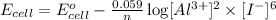 E_{cell}=E^o_{cell}-\frac{0.059}{n}\log [Al^{3+}]^2\times [I^-]^6