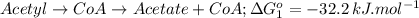 Acetyl\rightarrow CoA \rightarrow Acetate+ CoA; \Delta G_{1}^{o}=-32.2\,kJ.mol^{-1}\\