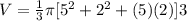 V=\frac{1}{3}\pi[5^{2} +2^{2} +(5)(2)]3