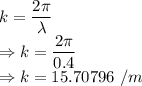 k=\dfrac{2\pi}{\lambda}\\\Rightarrow k=\dfrac{2\pi}{0.4}\\\Rightarrow k=15.70796\ /m