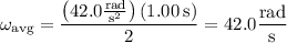 \omega_{\rm avg}=\dfrac{\left(42.0\frac{\rm rad}{\mathrm s^2}\right)(1.00\,\mathrm s)}2=42.0\dfrac{\rm rad}{\rm s}