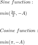 Sine \ function: \\ \\ min(\frac{3\pi}{2},-A) \\ \\ \\ Cosine \ function: \\ \\ min(\pi,-A)