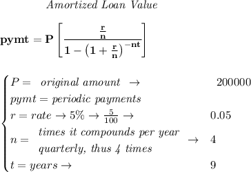 \bf \qquad \qquad \textit{Amortized Loan Value}&#10;\\\\&#10;pymt=P\left[ \cfrac{\frac{r}{n}}{1-\left( 1+ \frac{r}{n}\right)^{-nt}} \right]&#10;\\\\\\&#10;\qquad &#10;\begin{cases}&#10;P=&#10;\begin{array}{llll}&#10;\textit{original amount}\\&#10;\end{array}\to &&#10;\begin{array}{llll}&#10;200000&#10;\end{array}\\&#10;pymt=\textit{periodic payments}\\&#10;r=rate\to 5\%\to \frac{5}{100}\to &0.05\\&#10;n=&#10;\begin{array}{llll}&#10;\textit{times it compounds per year}\\&#10;\textit{quarterly, thus 4 times}&#10;\end{array}\to &4\\&#10;&#10;t=years\to &9&#10;\end{cases}