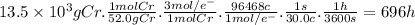 13.5 \times 10^{3} gCr.\frac{1molCr}{52.0gCr} .\frac{3mol/e^{-} }{1molCr} .\frac{96468c}{1mol/e^{-}} .\frac{1s}{30.0c} .\frac{1h}{3600s} =696 h