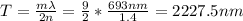 T=\frac{m\lambda}{2n}=\frac{9}{2}*\frac{693nm}{1.4}=2227.5nm