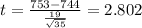 t=\frac{753-744}{\frac{19}{\sqrt{35}}}=2.802