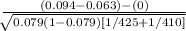 \frac{(0.094-0.063) - (0)}{\sqrt[]{0.079(1-0.079)[1/425+1/410]} }
