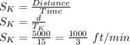 S_K=\frac{Distance}{Time}\\S_K=\frac{d}{T_K}\\S_K=\frac{5000}{15}=\frac{1000}{3}\ ft/min