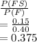\frac{P(FS)}{P(F)} \\=\frac{0.15}{0.40} \\=0.375