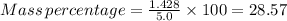 Mass\,percentage = \frac{1.428}{5.0}\times 100=28.57
