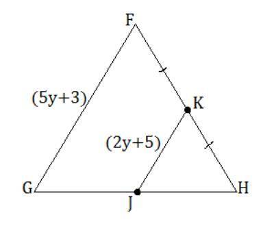 Points j and k are midpoints of the sides of triangle fgh. triangle f g h is cut by lines segment j