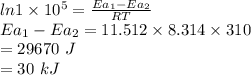 ln 1\times 10^5 =\frac{Ea_1-Ea_2}{RT}\\{Ea_1-Ea_2} = 11.512 \times 8.314 \times 310\\=29670\ J\\=30\ kJ