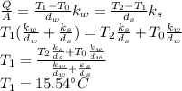 \frac{Q}{A} =\frac{T_1-T_0}{d_w}k_w=\frac{T_2-T_1}{d_s}k_s\\T_1(\frac{k_w}{d_w}+\frac{k_s}{d_s})=T_2\frac{k_s}{d_s}+T_0\frac{k_w}{d_w}\\T_1=\frac{T_2\frac{k_s}{d_s}+T_0\frac{k_w}{d_w}}{\frac{k_w}{d_w}+\frac{k_s}{d_s}}\\T_1= 15.54 \°C