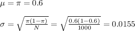 \mu=\pi=0.6\\\\ \sigma=\sqrt{\frac{\pi(1-\pi)}{N} } =\sqrt{\frac{0.6(1-0.6)}{1000} }= 0.0155