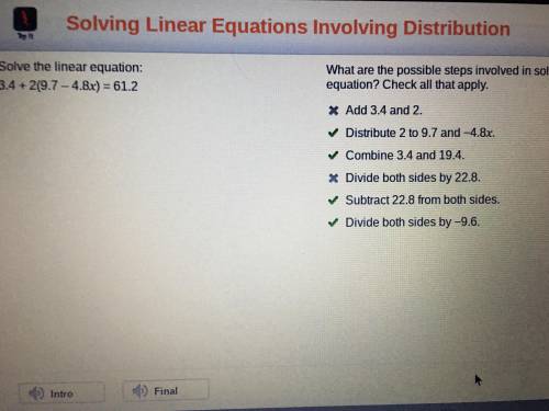 3.4 + 2(9.7 - 4.8x) = 61.2 linear equation?