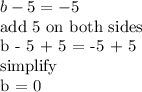b - 5 = -5&#10;&#10;add 5 on both sides&#10;&#10;b - 5 + 5 = -5 + 5&#10;&#10;simplify&#10;&#10;b = 0