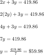 2x+3y=419.86\\\\2(2y)+3y=419.86\\\\4y+3y=419.86\\\\7y = 419.86\\\\y=\frac{419.86}{7}= \$59.98